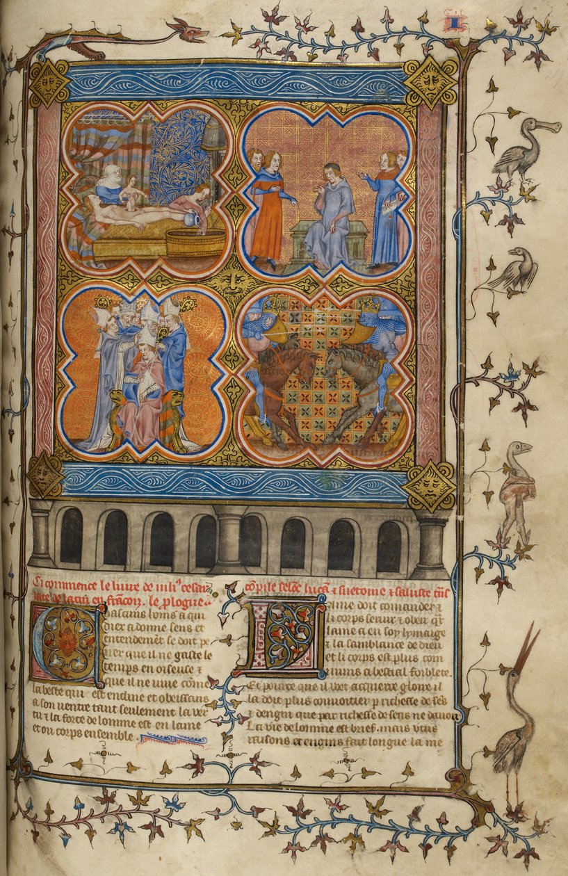Julius Cæsars liv: fire miniaturer, der viser hans fødsel, skilsmisse, pontifikat og kamp med Pompejus; tekst med dekorerede initialer og kant med fugle og grotesker. af Unknown artist