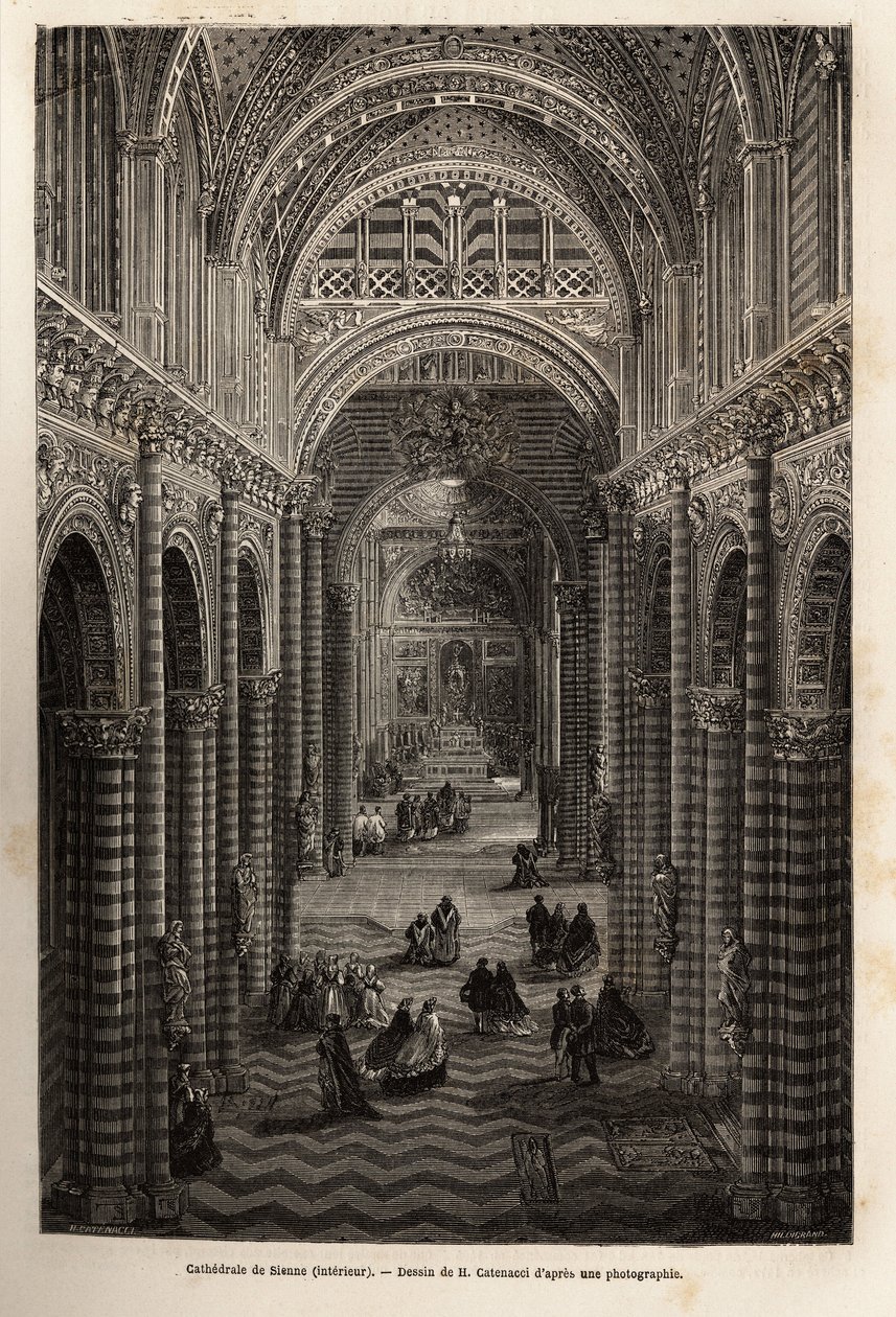 Det indre af katedralen i Siena, gravering for at illustrere en rejse til Siena (Italien) i 1865, i "Le tour du monde, nouveau journal des voyages" udgivet under ledelse af Edouard Charton af Unknown artist