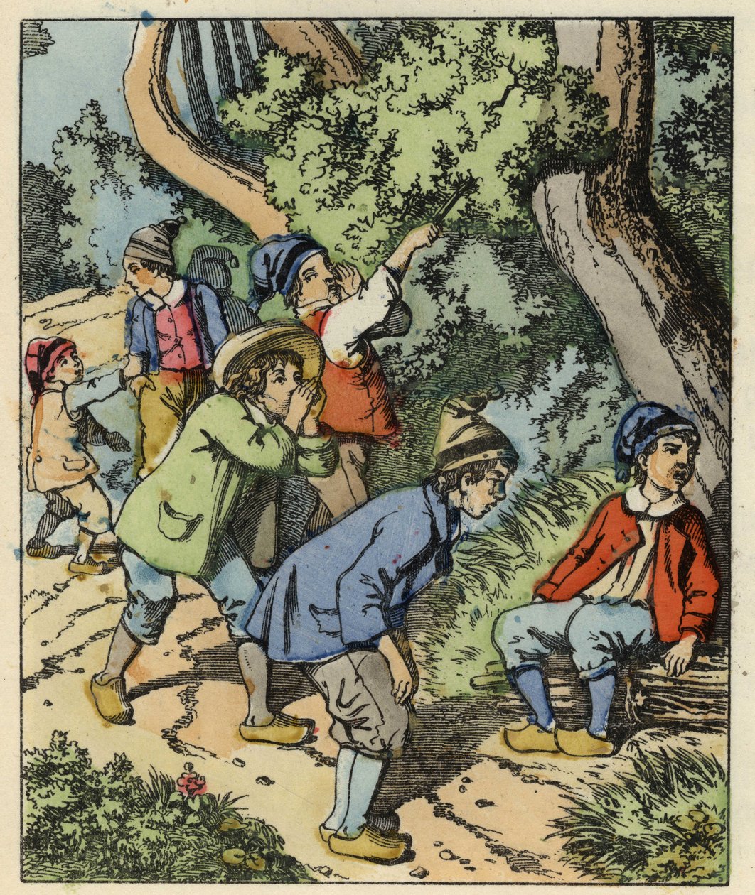 Lille Poucet og hans brødre tabt i skoven forladt af deres forældre. Illustration af fortællingen "" Le Pepetit Poucet"" af Charles Perrault af Unknown artist
