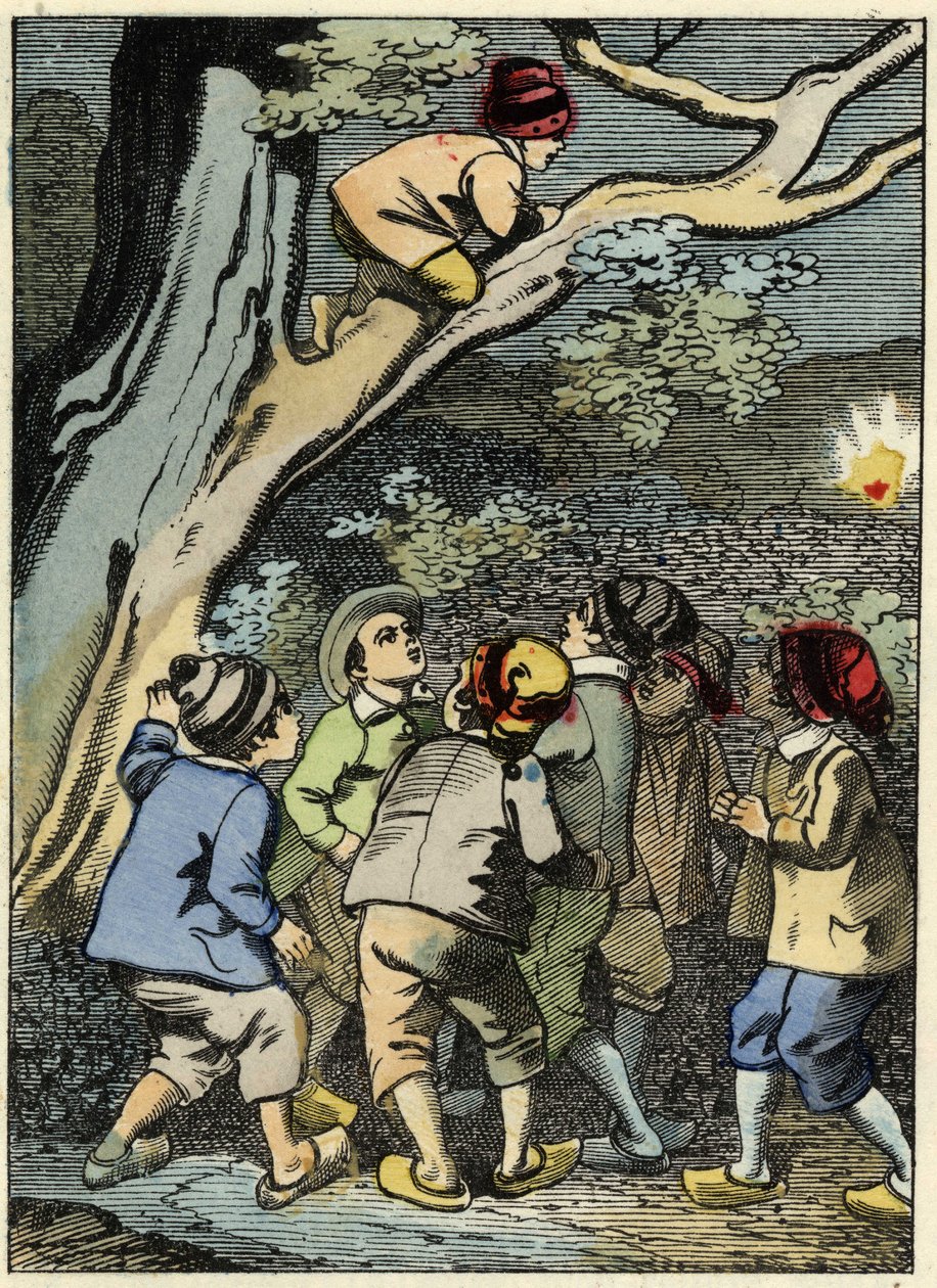 Lille Poucet klatrer på et træ og leder efter sin vej. Han samler et lys op i skoven. Illustration af Charles Perraults fortælling "" Le Pepetit Poucet" af Unknown artist