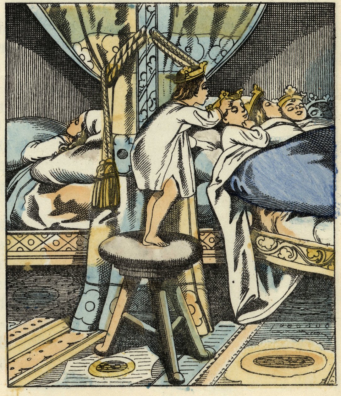 Lille Poucet sætter kronerne af troldens syv døtre på hovedet af sine brødre. Illustration af fortællingen "" Le Petite Poucet"" af Charles Perrault af Unknown artist