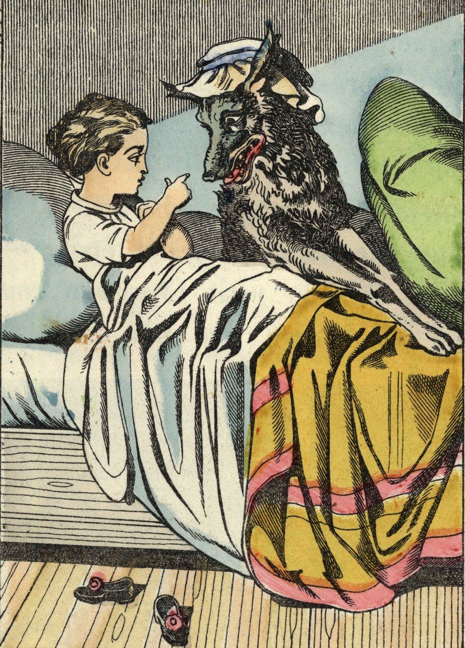 Rødhætte spørger ulven: "Bedstemor, da du har store tænder." Illustration af fortællingen "Den Lille Rødhætte" af Charles Perrault af Unknown artist