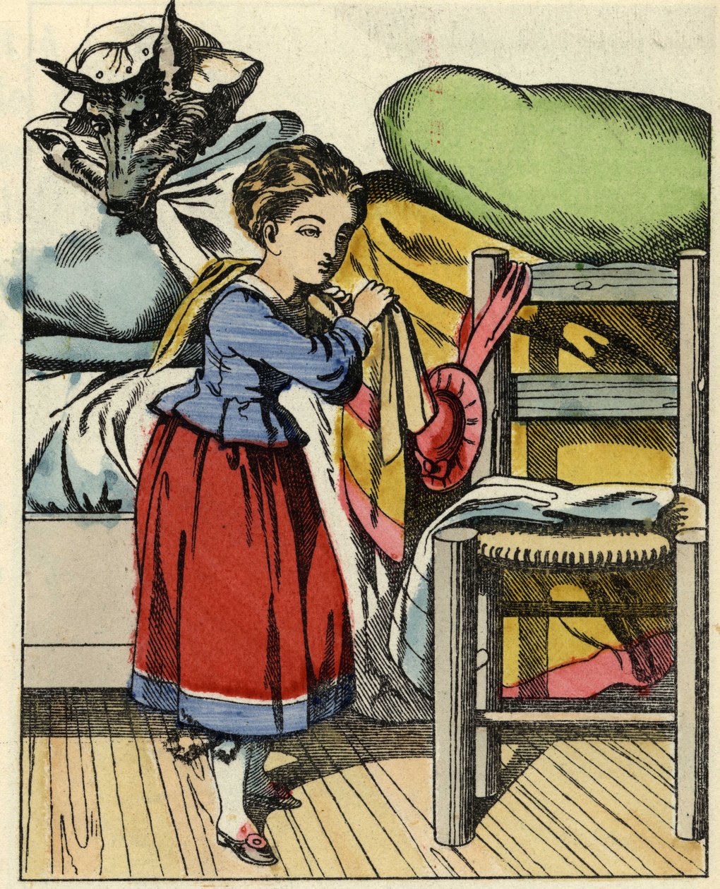 Rødhætte hjemme hos sin bedstemor. Illustration af fortællingen "Den Lille Rødhætte" af Charles Perrault af Unknown artist