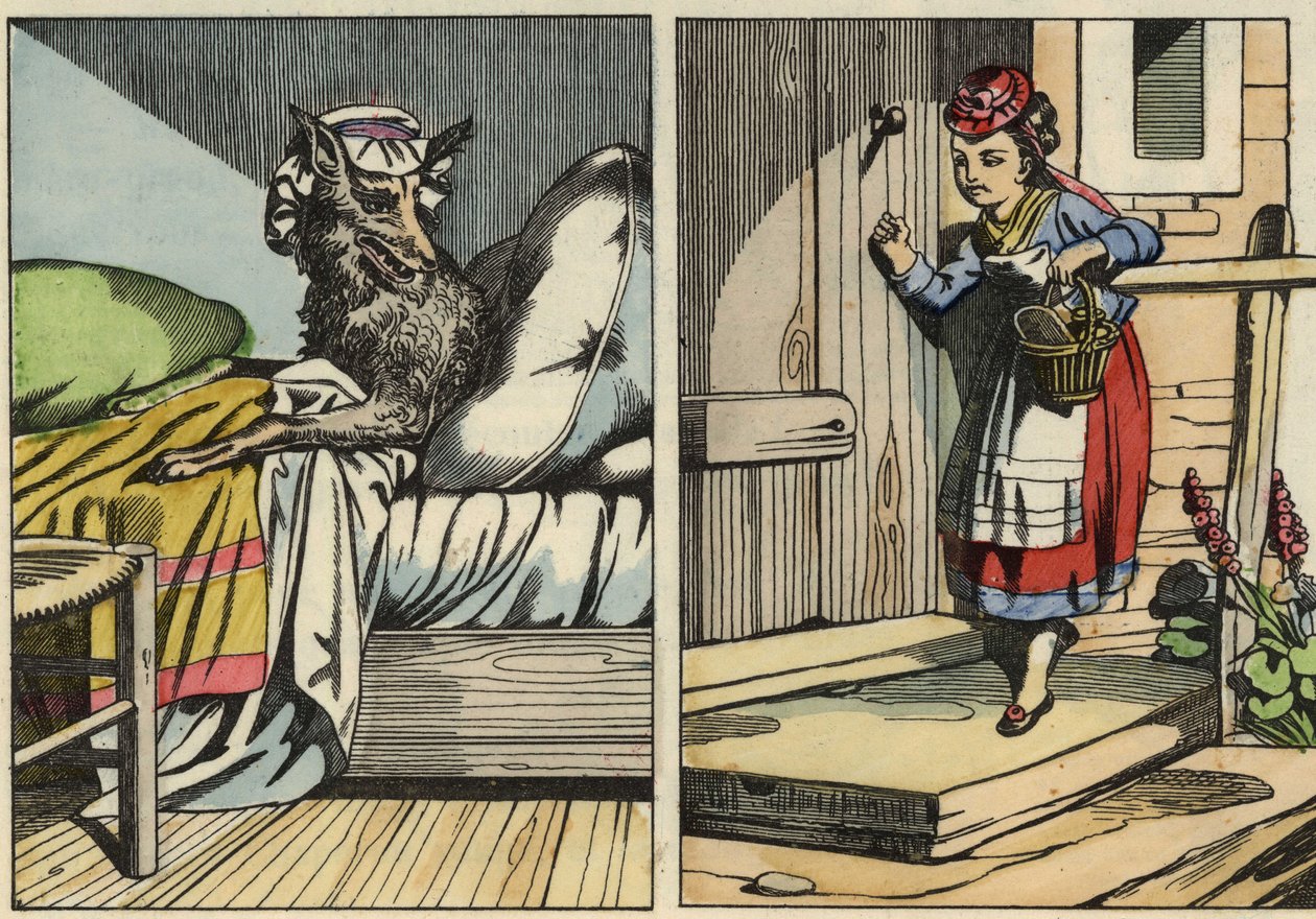 Rødhætte banker på hans bedstemors dør. Illustration af fortællingen "Den Lille Rødhætte" af Charles Perrault af Unknown artist