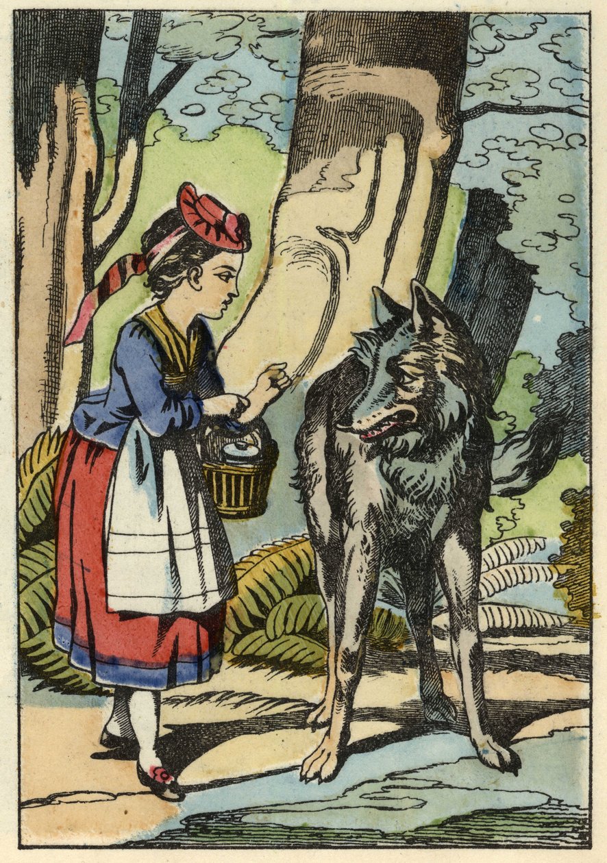 Rødhætte møder ulven i skoven. Illustration af fortællingen "Den Lille Rødhætte" af Charles Perrault af Unknown artist