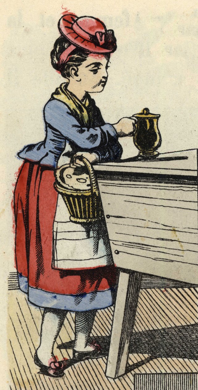Rødhætte sætter mad til sin bedstemor på huchen. Illustration af fortællingen "Den Lille Rødhætte" af Charles Perrault af Unknown artist