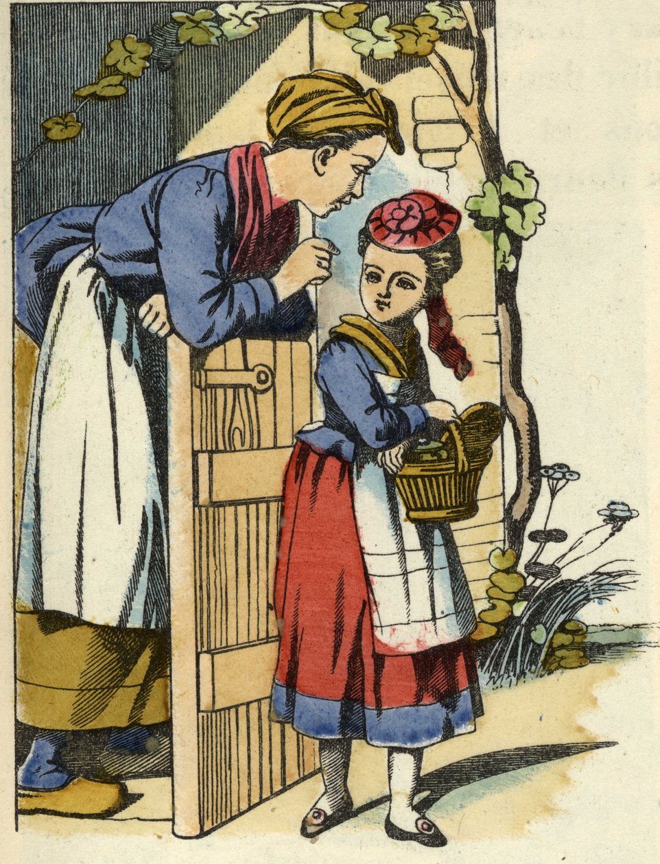 Rødhættes mor giver sine sidste anbefalinger til at tage til bedstemoderens hus. Illustration af fortællingen "Den Lille Rødhætte" af Charles Perrault af Unknown artist