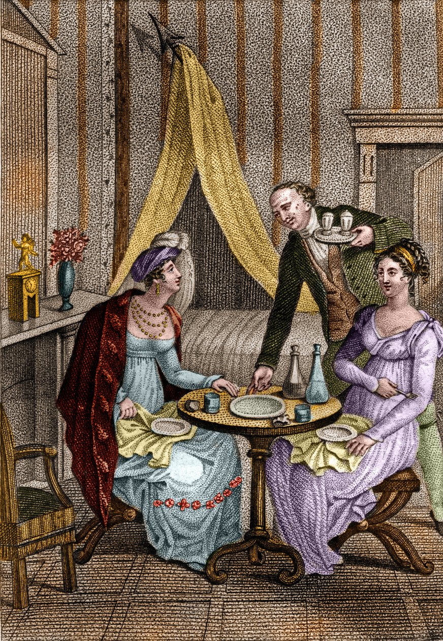 Lille middag. Olympe de Gouges (1748-1793), fransk kvinde med bogstaver og revolutionær med Celine en af hendes venner. i "" Conseils a ma fille "" af Jean Nicolas Bouilly (1763-1842). 1820. Privat samling. af Unknown artist