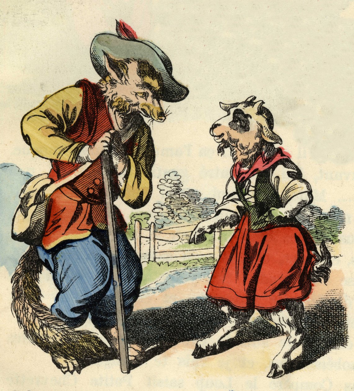 Lille barn taler med Master Fox. Illustration af fortællingen "Bon medor og Lille Chevrette". I “”Fortællinger fra hjemmet for de mindste””. Anonym gravering af det 19. århundrede. af Unknown artist