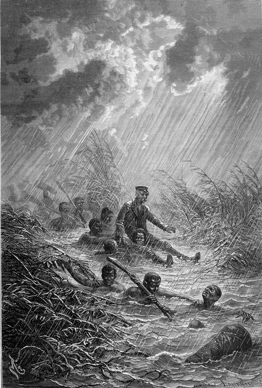 Livingstone og hans mænd krydser et vandløb - "" Livingstones sidste rejse 1866-1873"" i "" Tour du Monde"", 2. sem. 1875 af Unknown artist