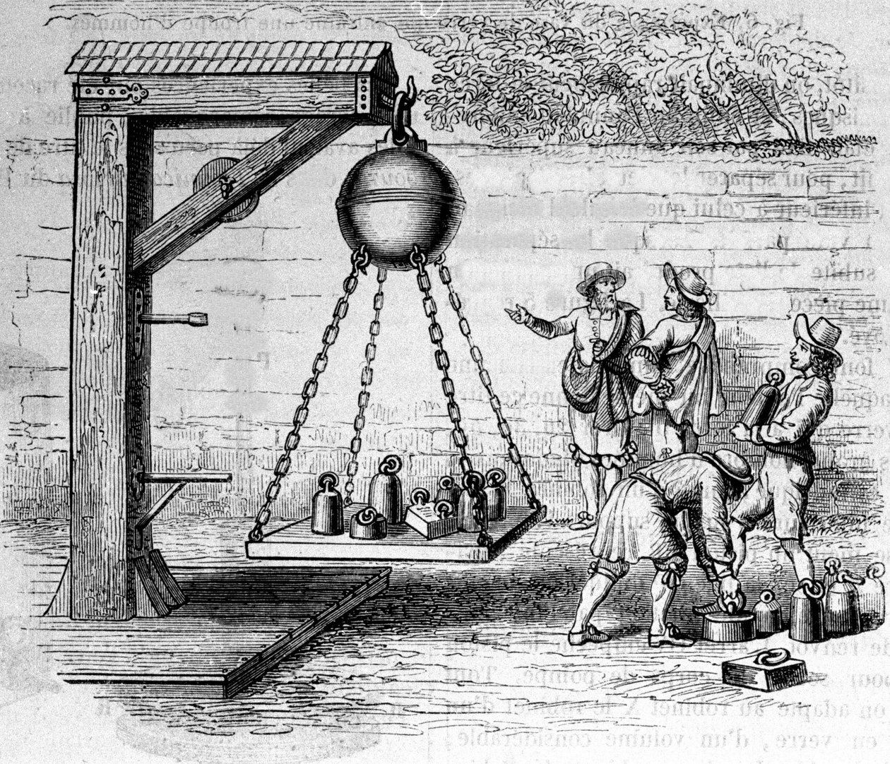 Indlæser Magdeburg halvkugler suspenderet for at beregne atmosfærisk tryk - i "Ottonis de Guericke: Experimenta Nova Magdeburgica de vacuo spatio"" af Otto von Guericke (Otto de Guericke af Unknown artist