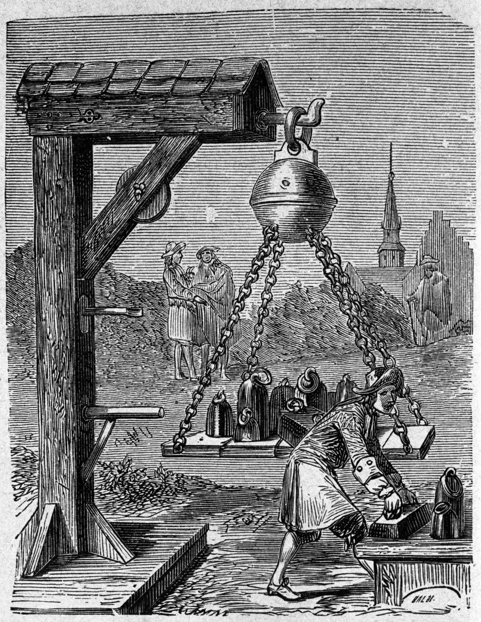 Indlæsning af ophængte Magdeburg-halvkugler. Gravering fra "Ottonis de Guericke: Experimenta Nova Magdeburgica de vacuo spatio" af Otto von Guericke (Otto de Guericke af Unknown artist