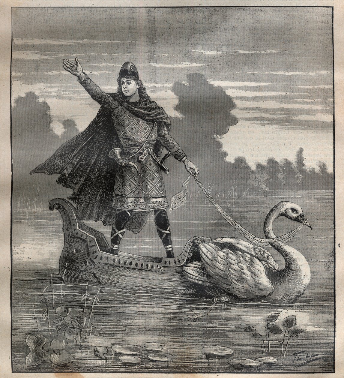 Lohengrin ind i en nacelle tegnet af en svane, scene af operaen "Lohengrin"" af Richard Wagner (1813-1883) - Indgravering i "" La Science francaise"" af Unknown artist