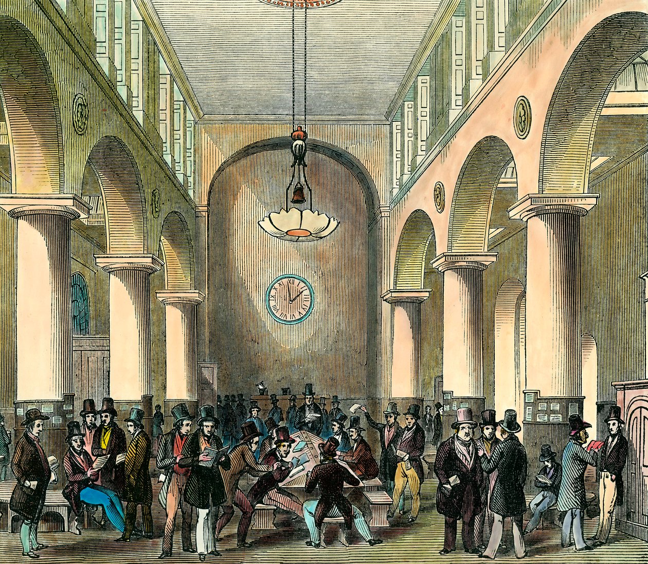 London Stock Exchange: Børs i London i det 19. århundrede. Gravering. Privat samling. af Unknown artist