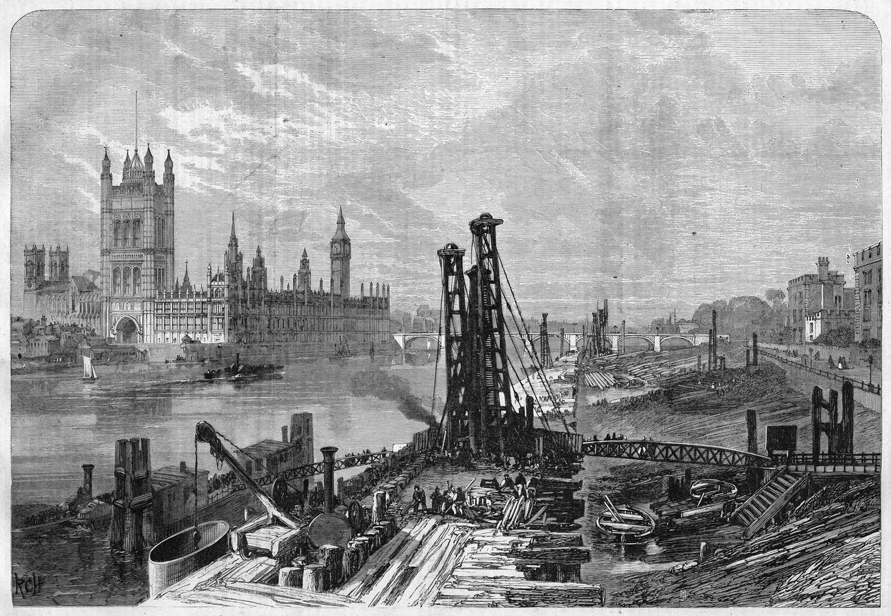 London, konstruktion af dokker på den sydlige bred af Themsen, overfor den administrative by Westminster på nordkysten. I “” L