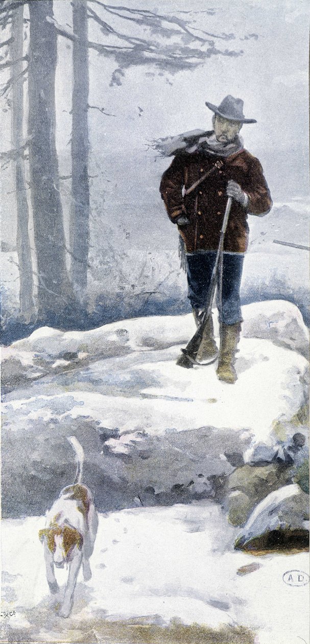 Ensom jæger med hund i et snelandskab, slutningen af det 19. århundrede af Unknown artist
