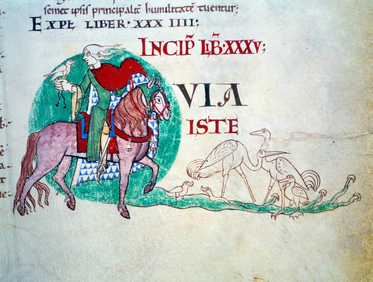 Herren har falkejagten. Miniature af middelalderen. Manuskript "Moralia in Job"" fra Citeaux Abbey for Gregoire Pope I af Unknown artist