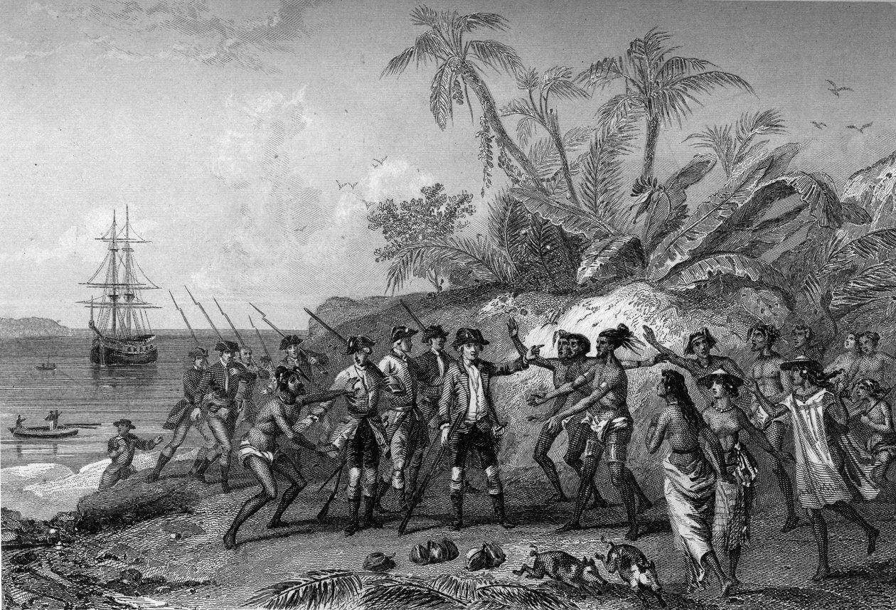 Louis Antoine Comte de Bougainville, fransk navigatør (1729-1811), nærmer sig øerne Marquises i Tahiti, 6. april af Unknown artist