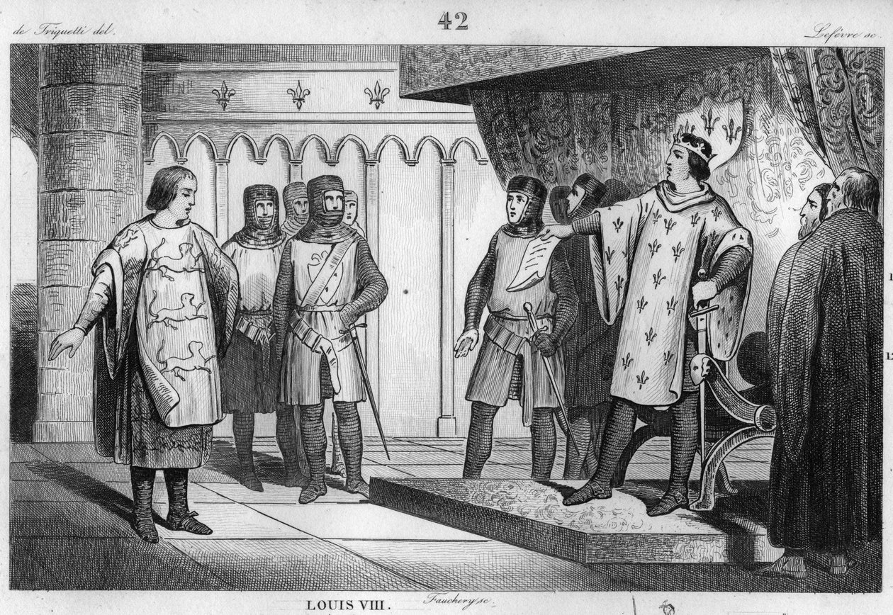 Louis VIII (1187-1226) Løven modtager en udsending fra sin fjende Henrik III (1207-72) af England - Louis VIII dit "" Le Lion" (1187-1226), capetianernes dynasti, reagerer med stolthed og fermete til en udsending fra kongen af England Henry III - Indgraver af Unknown artist