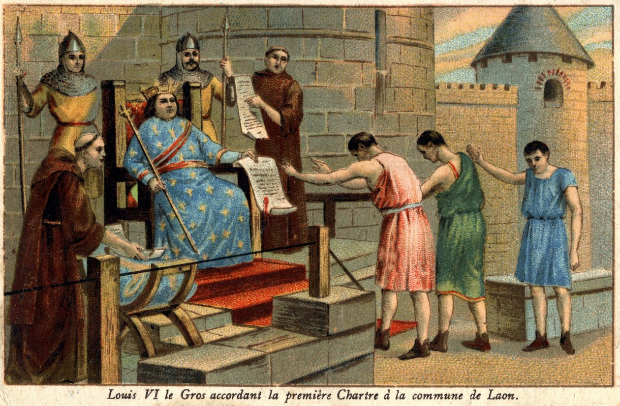 Ludvig VI tildelte det første Chartre til kommunen Laon i 1128. af Unknown artist