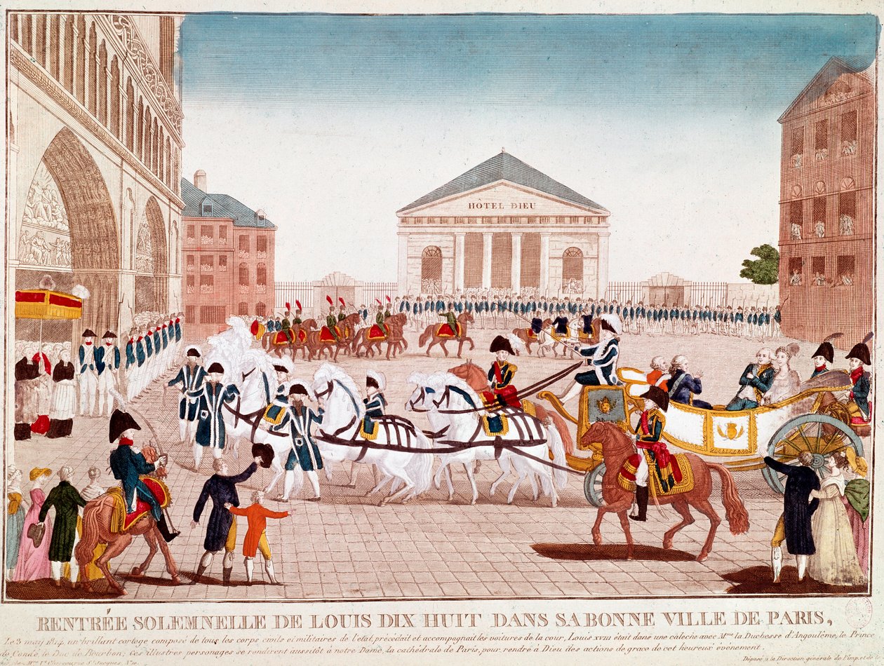 Ludvig XVIII ankommer til Notre Dame, Paris, 3. maj 1814 (gravering) af Unknown artist