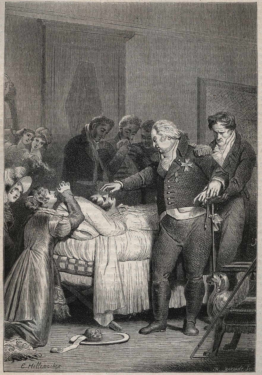 Ludvig XVIII ved hertugen af ​​Berrys dødsleje - Hertugen af ​​Berrys sidste øjeblikke den 13. februar 1820 (1778 - 1820) i Paris Opera omgivet af Ludvig XVIII og den kongelige familie - indgravering i "Histoire de France fortæl til min børnebørn” af Unknown artist