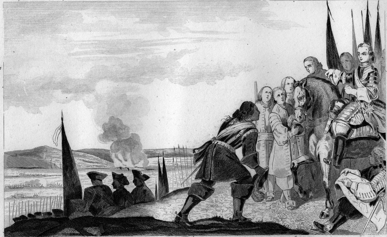 Ludvig XV (1710-74) i slaget ved Fontenoi i 1745 - Østrigs arvefølgekrig (1740-1748) - Maurice af Sachsen, marechal af Sachsen (1696-1750), sejrende i slaget ved Fontenoy, møder kongen af Frankrig , Ludvig XV (1710-1774) - Indgravering af 1825 i "Hej af Unknown artist