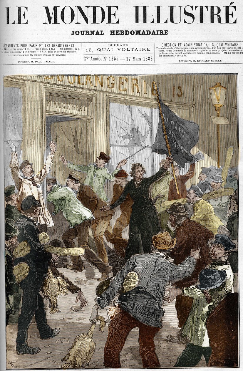 Louise Michel (1833-1905), en fransk revolutionær, viftede med et sort flag påskrevet "brød eller død", under plyndringen af et bageri under arbejderdemonstrationen den 9. marts 1883 i Paris. af Unknown artist