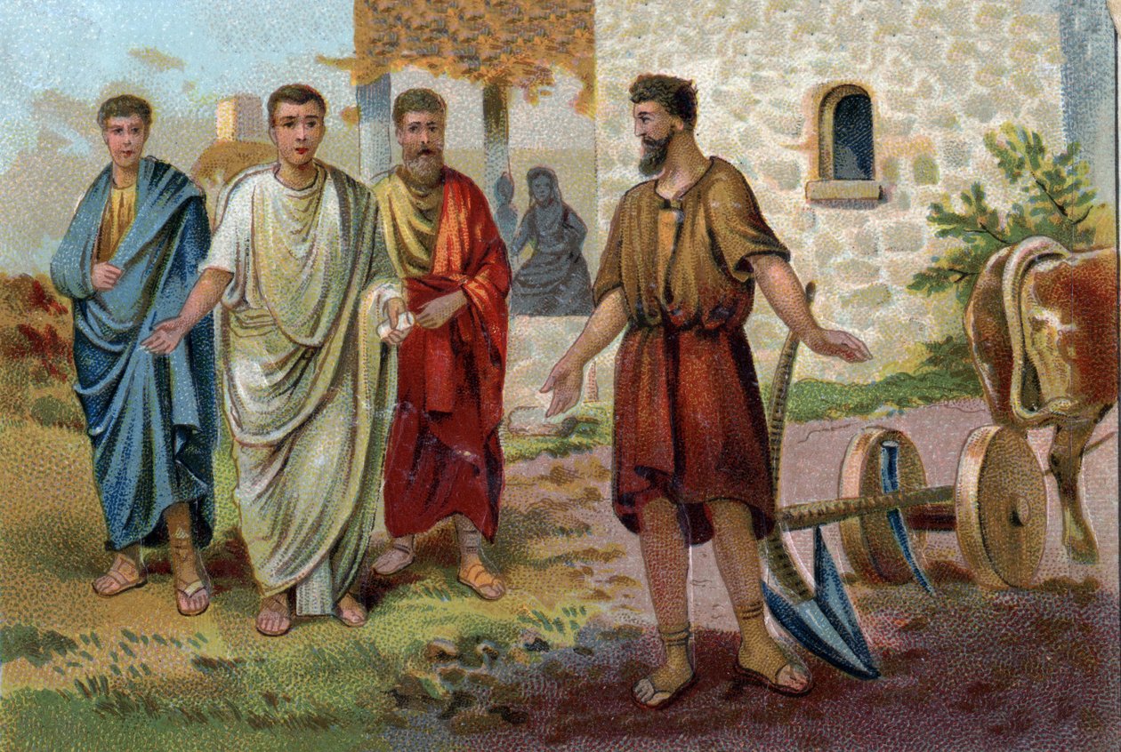 Lucius Quinctius Cincinnatus (v.520/v.430 f.Kr.), romersk konsul, beskæftigede sig med landbrugsopgaver, da senatorerne (Senatet for Romerriget) kom til at tigge ham om at acceptere den øverste kommando og blive Roms diktator i 458 f.Kr. Kromolitografi omk af Unknown artist
