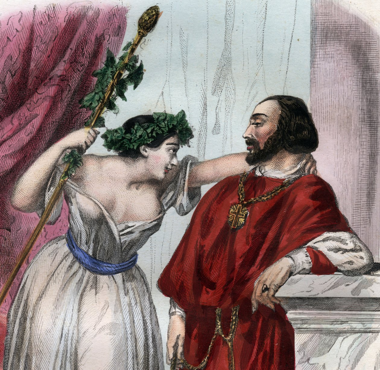 Lucrece Borgia (1480-1519) med sin bror Cesar Borgia. (Lucrezia og Cesare Borgia). Indgravering fra 1842 i "Histoire des popes: forbrydelser, mord, forgiftninger, parcider, ægteskabsbrud, incest... af Maurice Lachatre. Privat samling. af Unknown artist