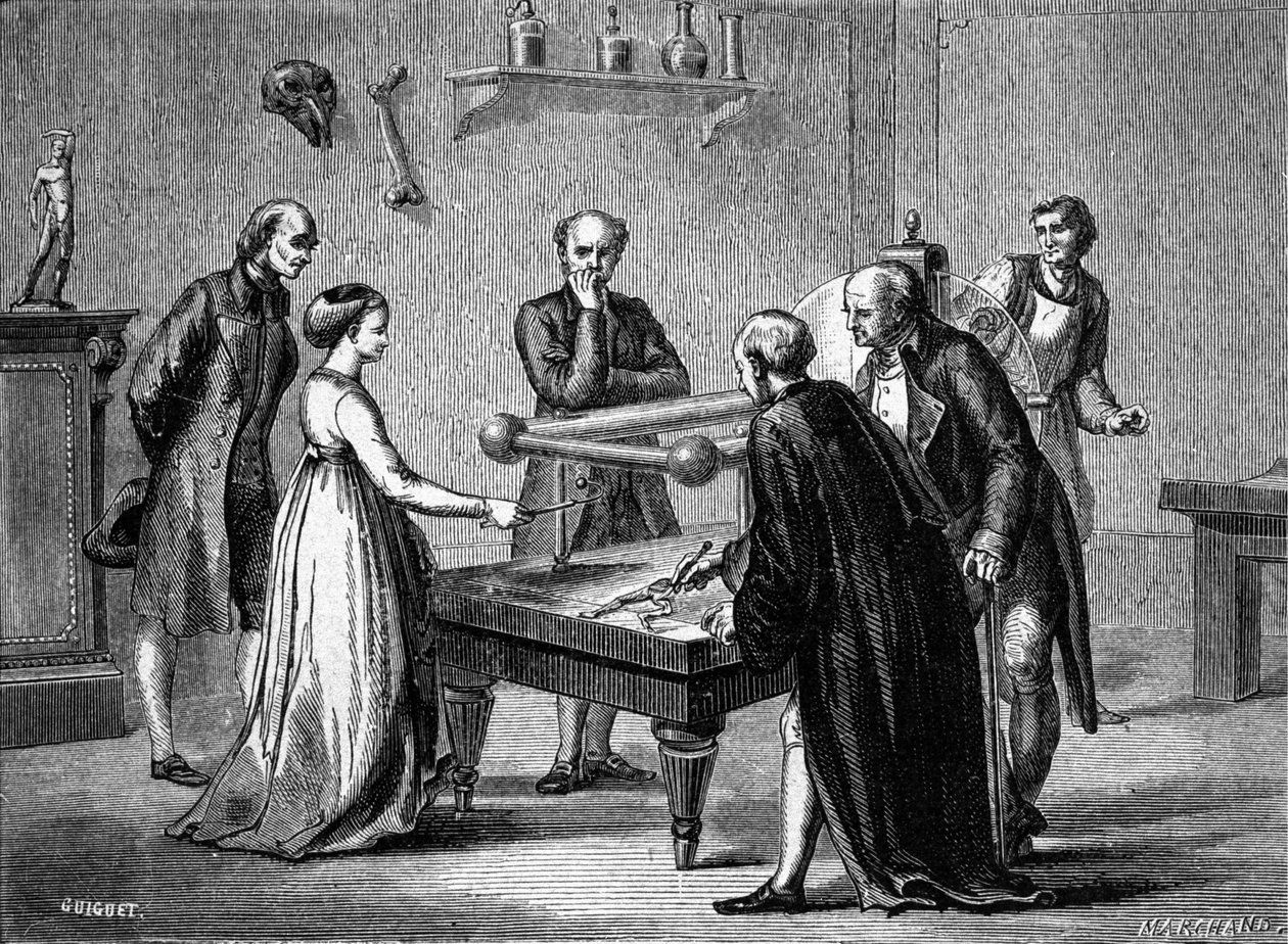 Luigi Galvani, professor i Bologna, opdagede i 1780 frøens musklers irritabilitet ved elektricitet. Indgravering af det 19. århundrede. af Unknown artist