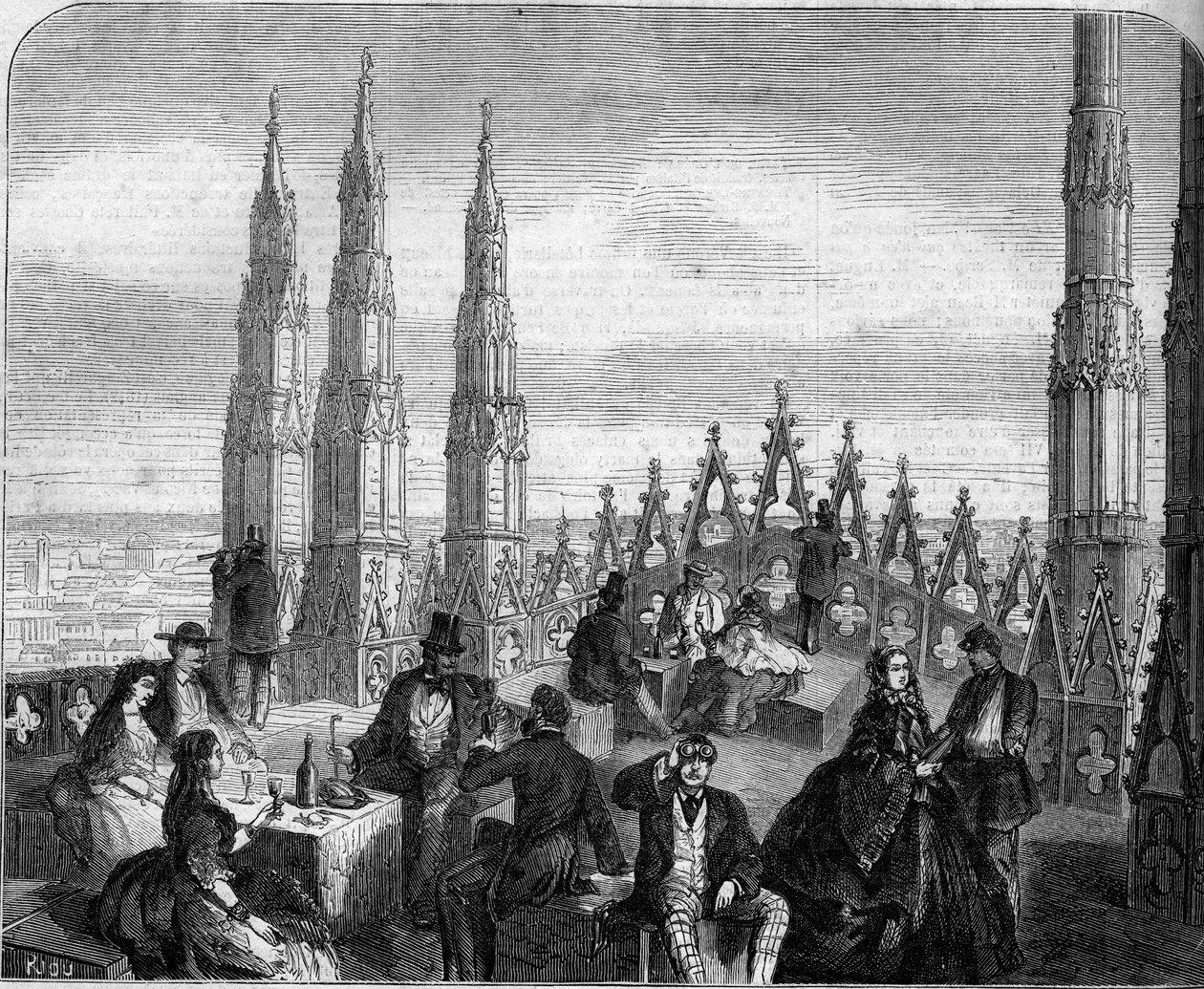 Frokost på terrassen i kuplen til katedralen i Milano (Il Duomo). Italien af Unknown artist