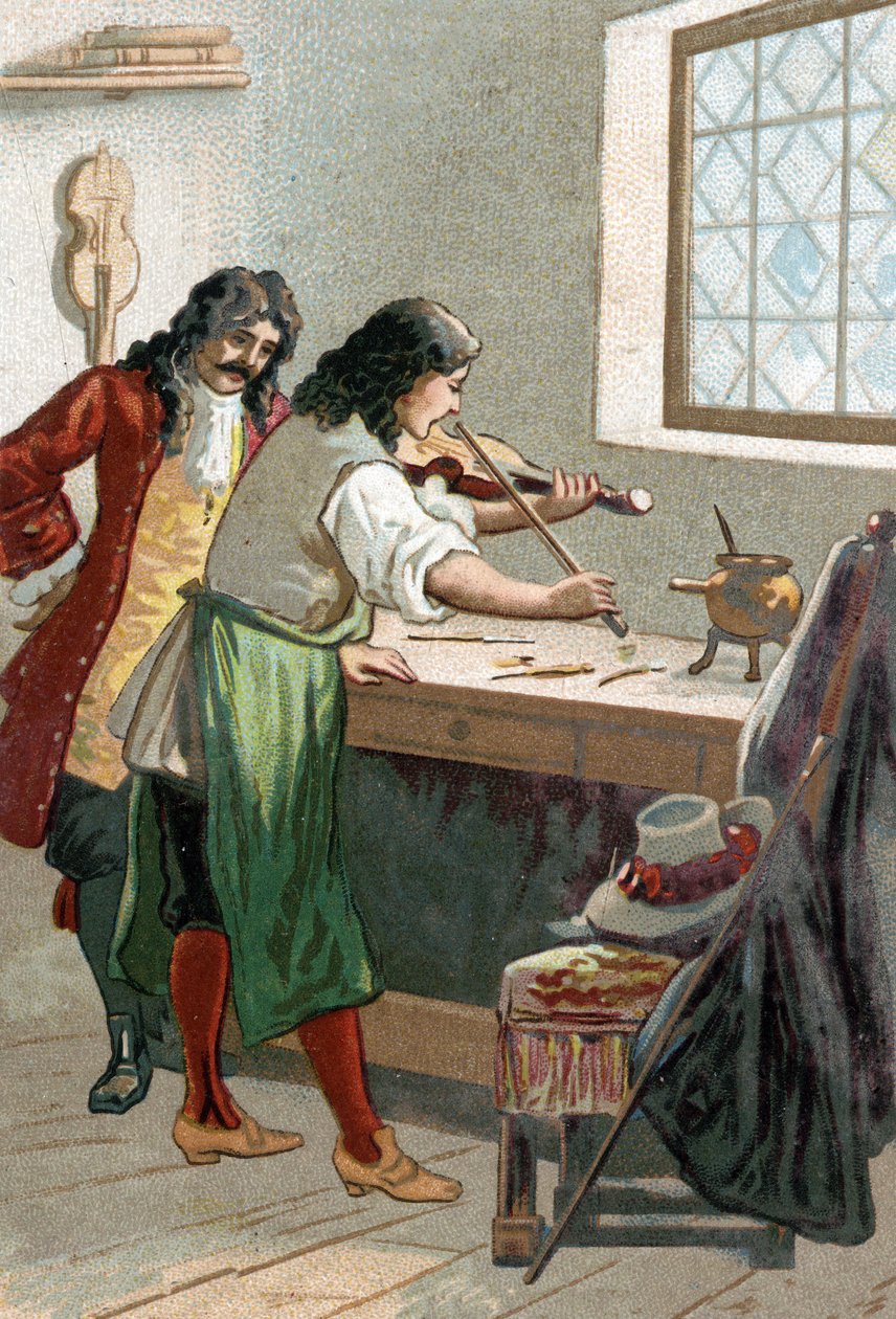 Luthier Stradivarius (Antonio Stradivari) (1644-1737) i sit værksted. Kromolitografi af det 19. århundrede af Unknown artist