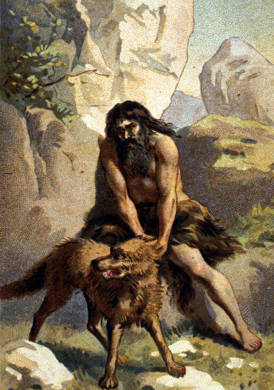 Lycanthropy: Delire af den, der tror, han er forvandlet til en ulv. Chromo fra det 19. århundrede af Unknown artist