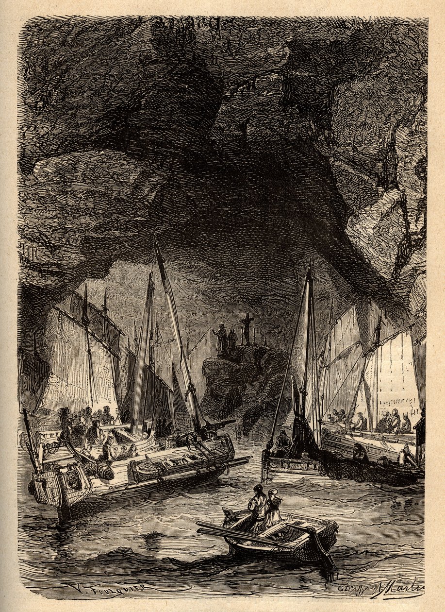 MORGATS HULLER - Marine Caves of Morgat - Finistere - Bretagne - gravering i "" PATRIE" - BESKRIVELSE PECTURESSE DE LA FRANCE EN 6 BIND AF LUCIEN HUARD - slutningen af ​​1800-tallet af Unknown artist