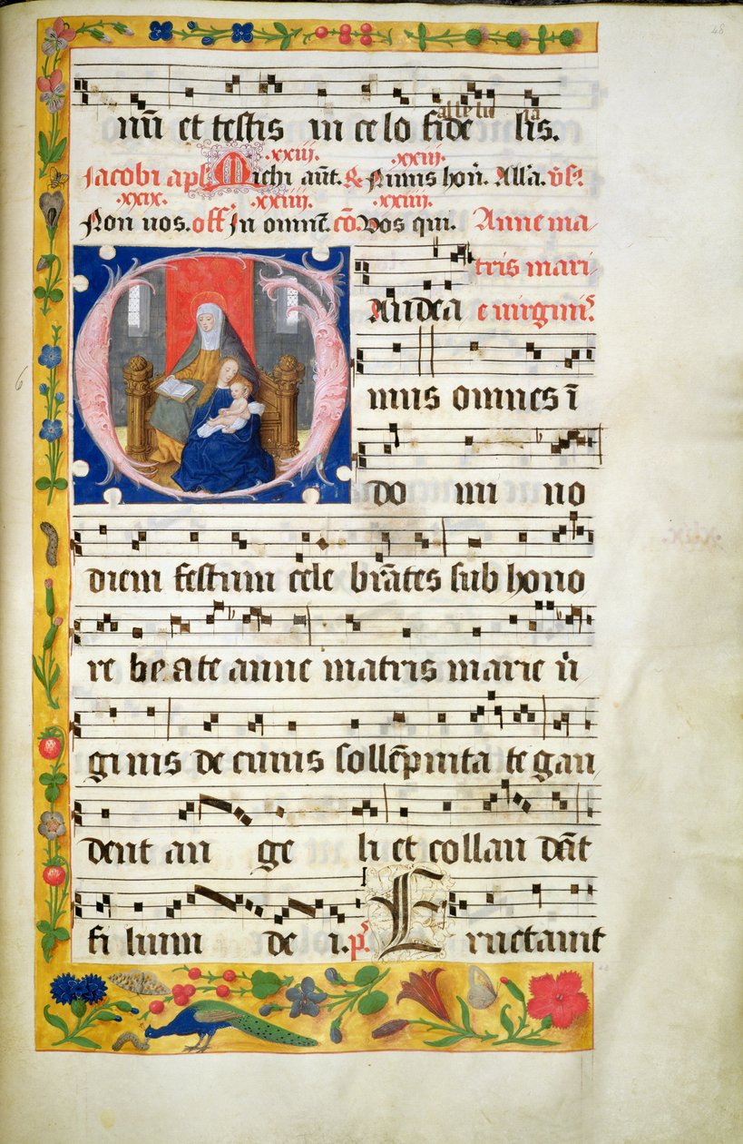 MS.McC.57. f.48r Sankt Anne tronende, læsende, Jomfruen med barnet siddende foran hende, initialer fra en antifon, slutningen af det 15. århundrede af Unknown artist