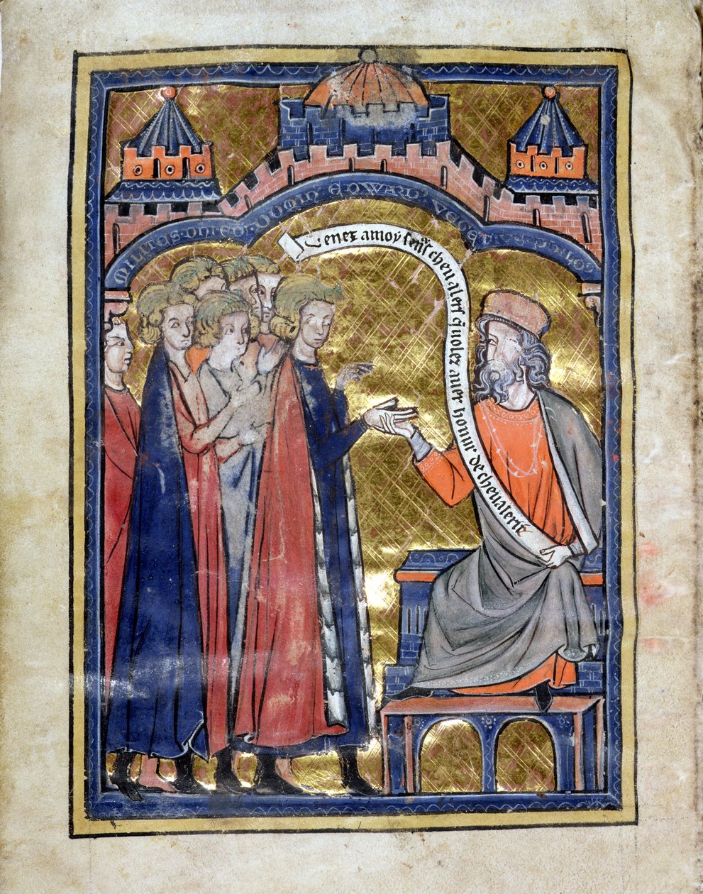 FRK. Marlay. Add.1.f2b De Re Militari, Vegetius, der modtager den unge prins Edward (1239-1307) og hans ledsagere, ca. 1270 (vellum) af Unknown artist
