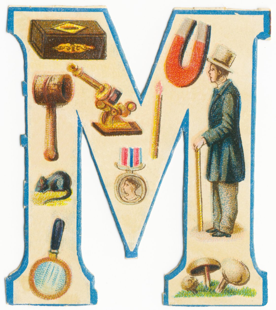 M: tændstikker, magnet, hammer, mikroskop, mus, medalje, mand, forstørrelsesglas, svampe (farve litho) af Unknown artist