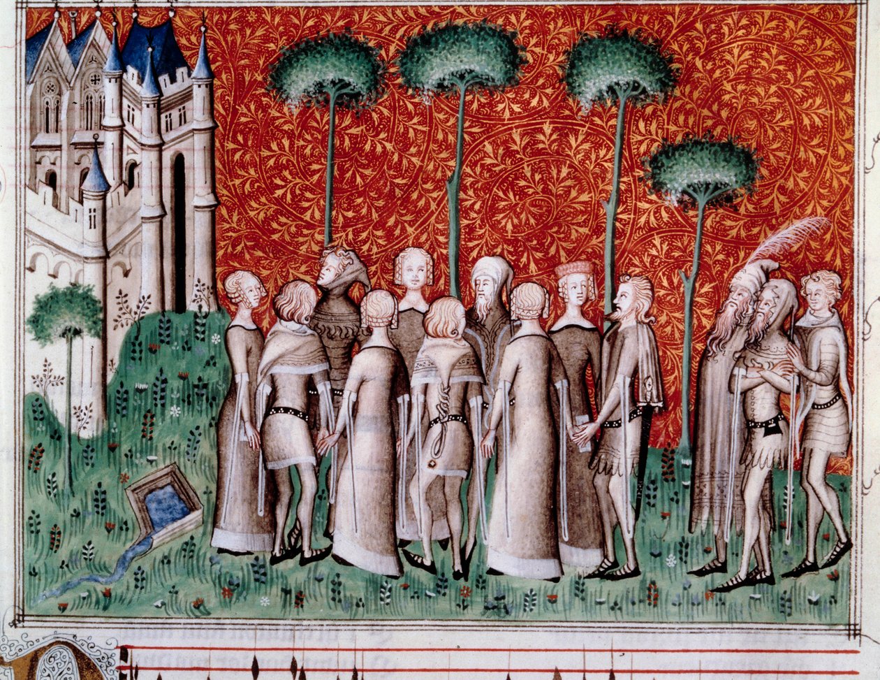 Machaut finder sin dame. Miniature fra et partitur i "Remede de Fortune"" (Folio 51) af Guillaume de Machaut (v. 1300-1377), omkring 1350-1355. af Unknown artist