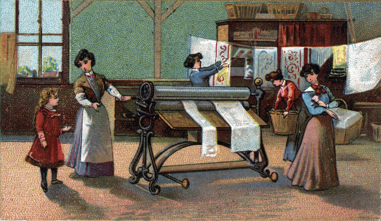 Strygemaskine. (strygning). Kromolitografi fra slutningen af 1800-tallet. af Unknown artist