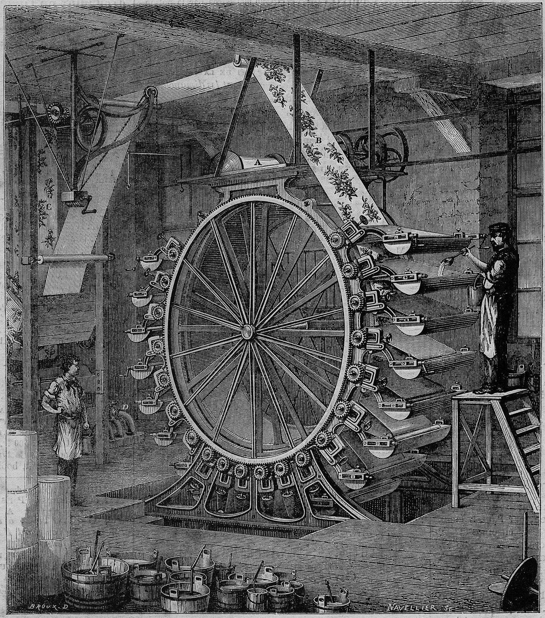 Maskintryk tapet i tyve farver. Indgravering i ""Industriens vidundere, eller beskrivelse af de vigtigste moderne industrier"" af Louis Figuier af Unknown artist