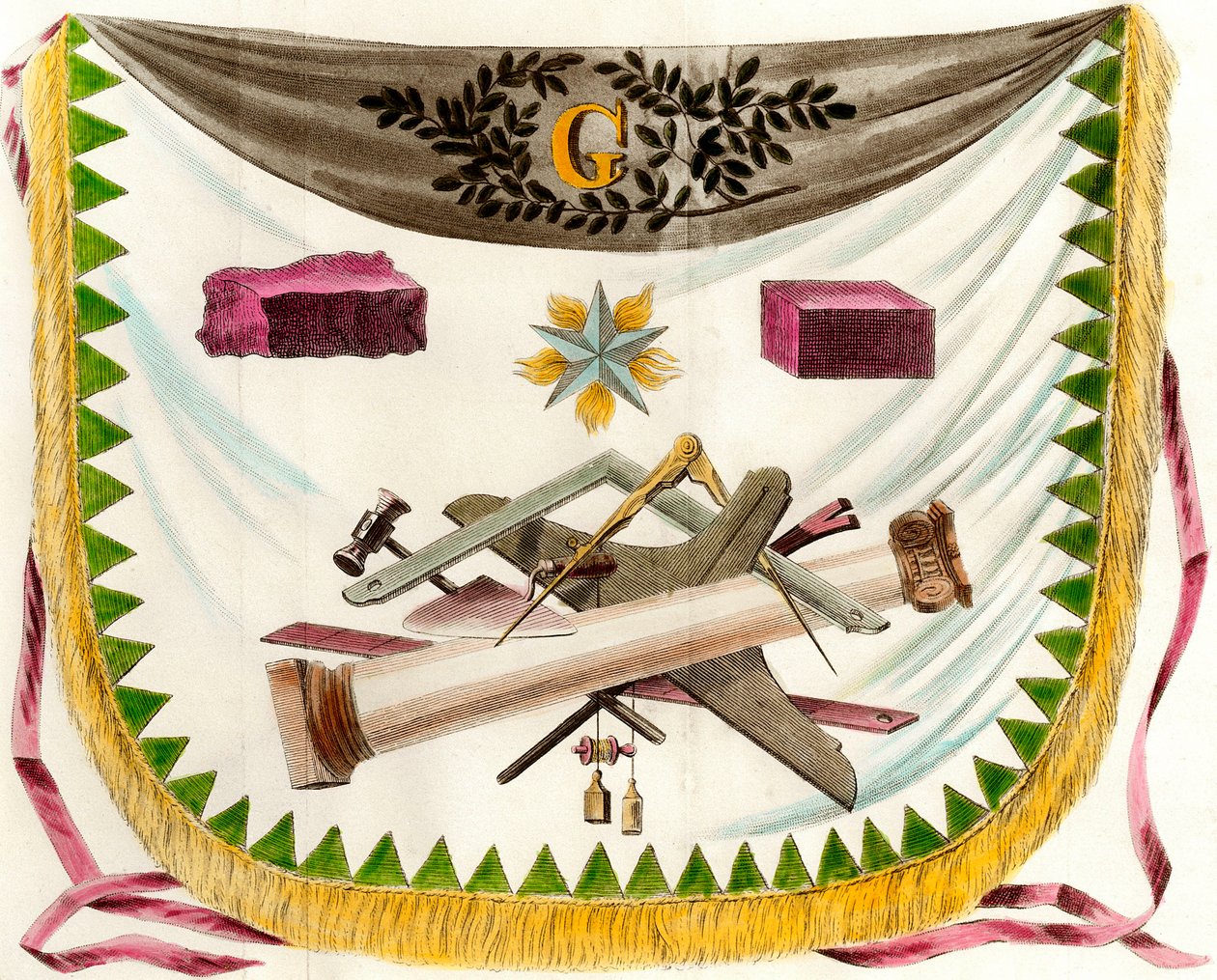 Macon franc forklæde, der viser et forklæde, der dekorerer symboler på det frie sol. Gravering af 1800-tallets privatsamling af Unknown artist
