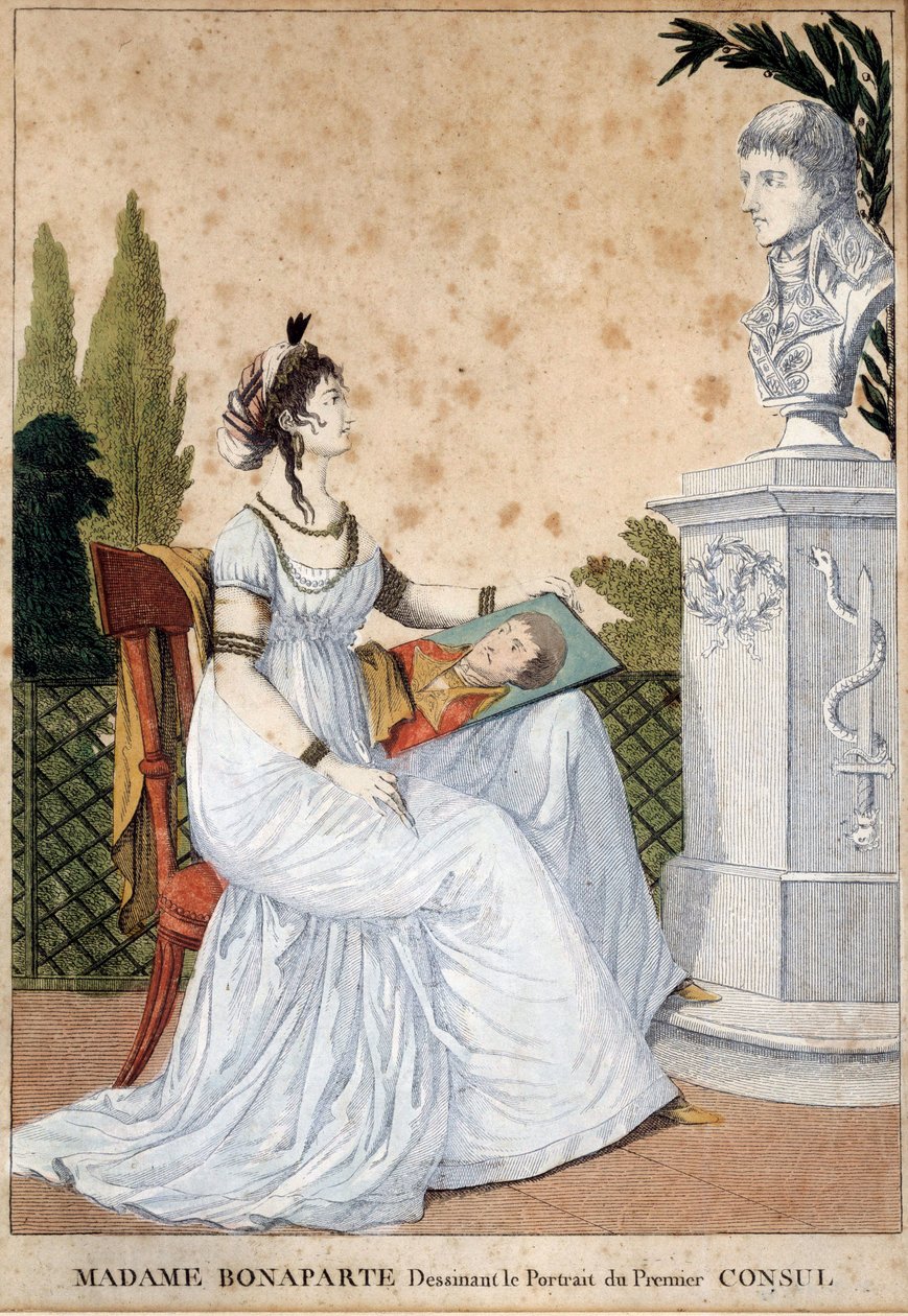 Madame Bonaparte tegner portrættet af førstekonsul Josephine de Beauharnais (1763-1814) foran busten af sin mand Napoleon Bonaparte (1769-1821). Anonym print. 1799-1804. Søn 0,24x0,17 m Malmaison, musee du chateau af Unknown artist