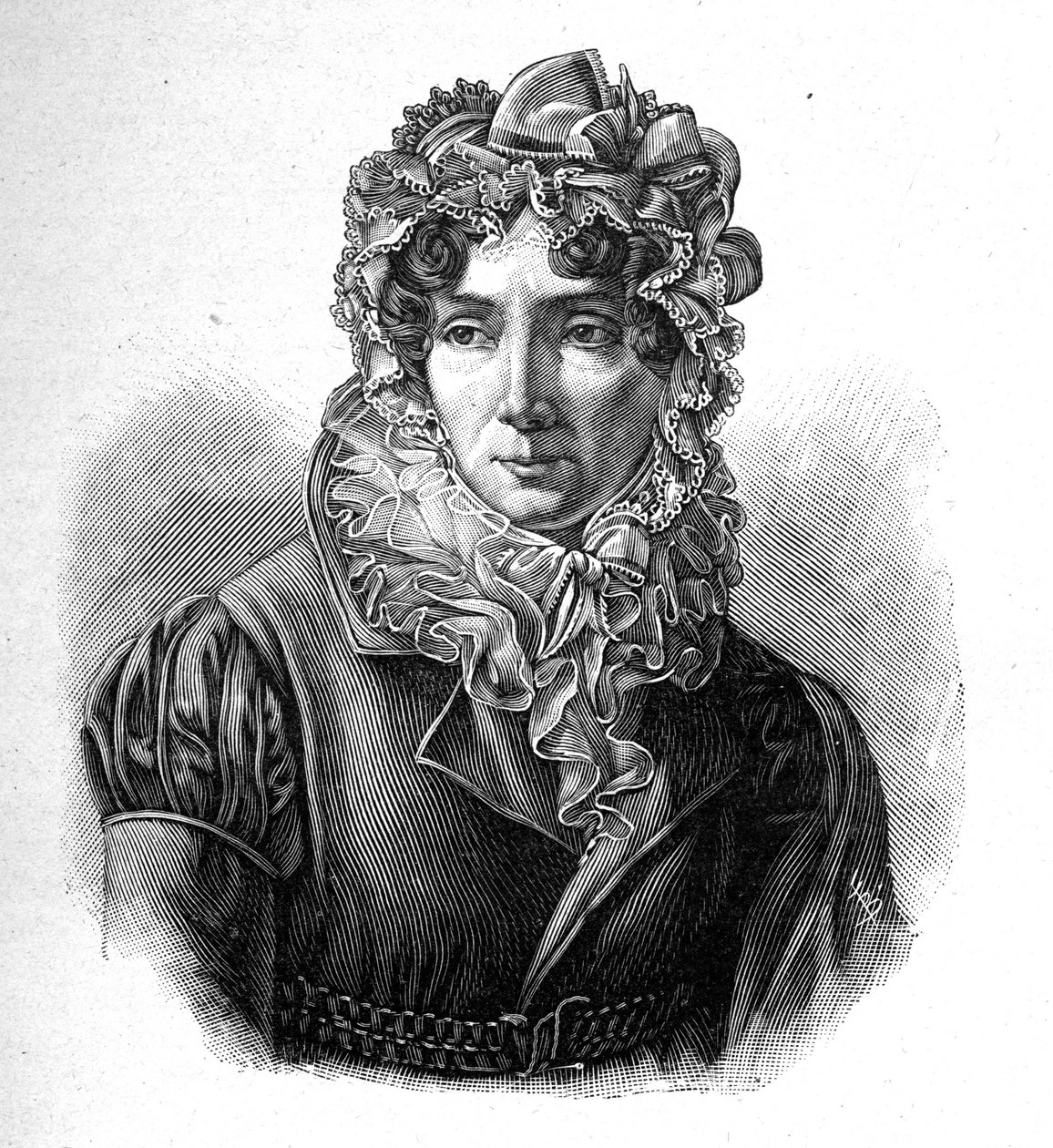 Madame de Genlis - Portræt af Stéphanie lykønsker Saint Aubins Crest (Saint-Aubin) (1746-1830), grevinde af Genlis, fransk kvinde med bogstaver. af Unknown artist