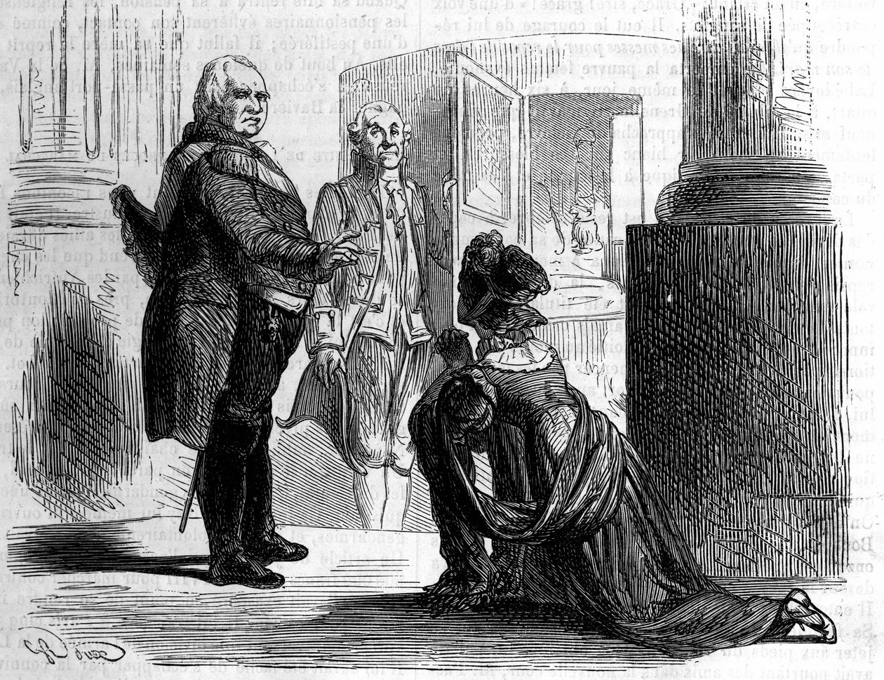 Madame grevinden af Labedoyere på knæene af Louis XVIII, konge af Frankrig. af Unknown artist