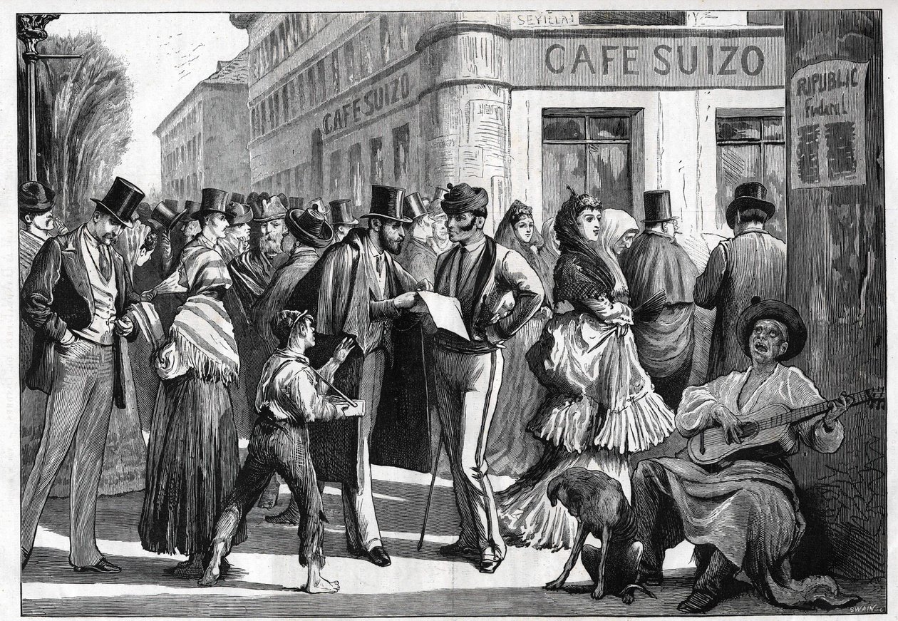Madrid i 1873. Vandrere på hjørnet af Sevilla-gaden og Alcala-gaden. Stik fra 1873. af Unknown artist