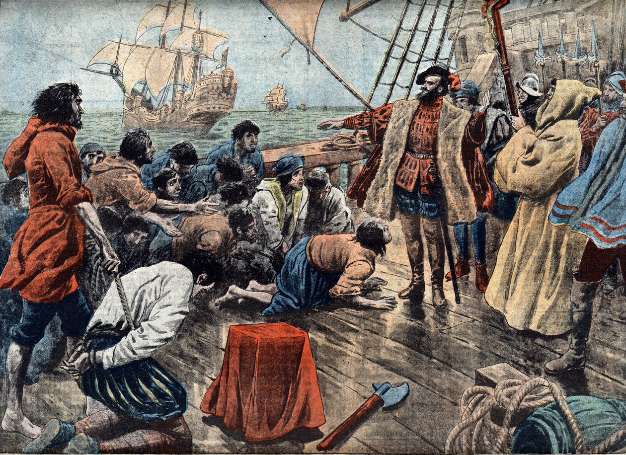 Magellan (1480-1521) beroliger et oprør blandt sin besætning på San Julian i 1520 (kobberstik) af Unknown Artist