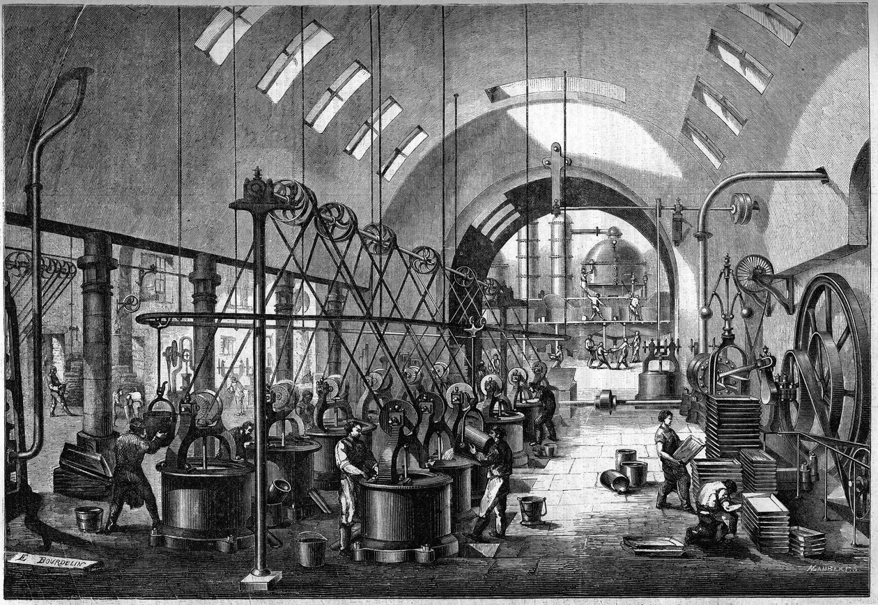 Hovedværksteder på det store sukkerraffinaderi Launay, ejet af Mr. Cedard i Nantes i 1864. af Unknown artist