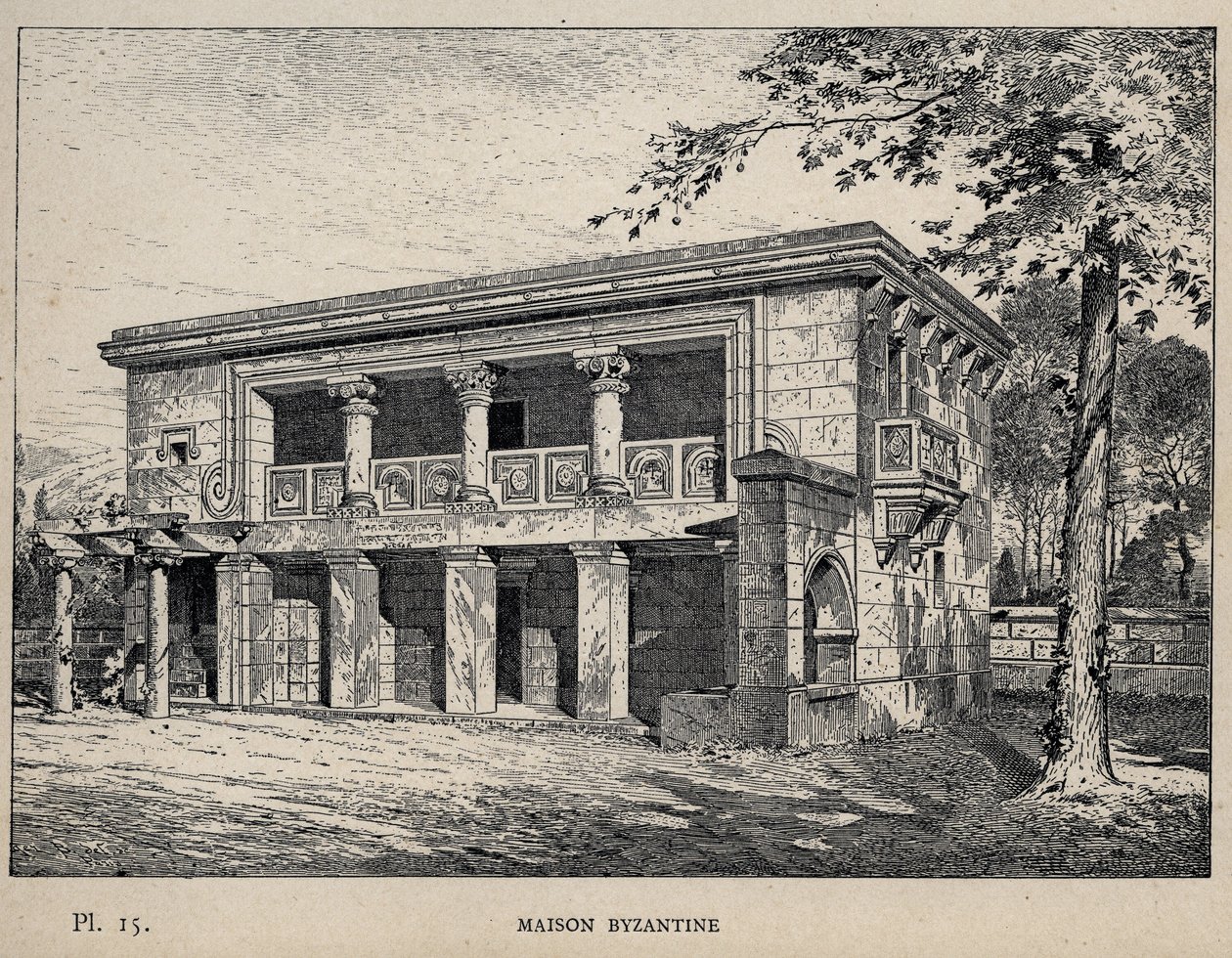Maison Byzantine (byzantinsk hus) (gravering af 1889 i "History of human habitation at the Universal Exhibition of 1889, by Mr Charles GARNIER - Librairie centrale des beaux-arts Paris 1889 af Unknown artist