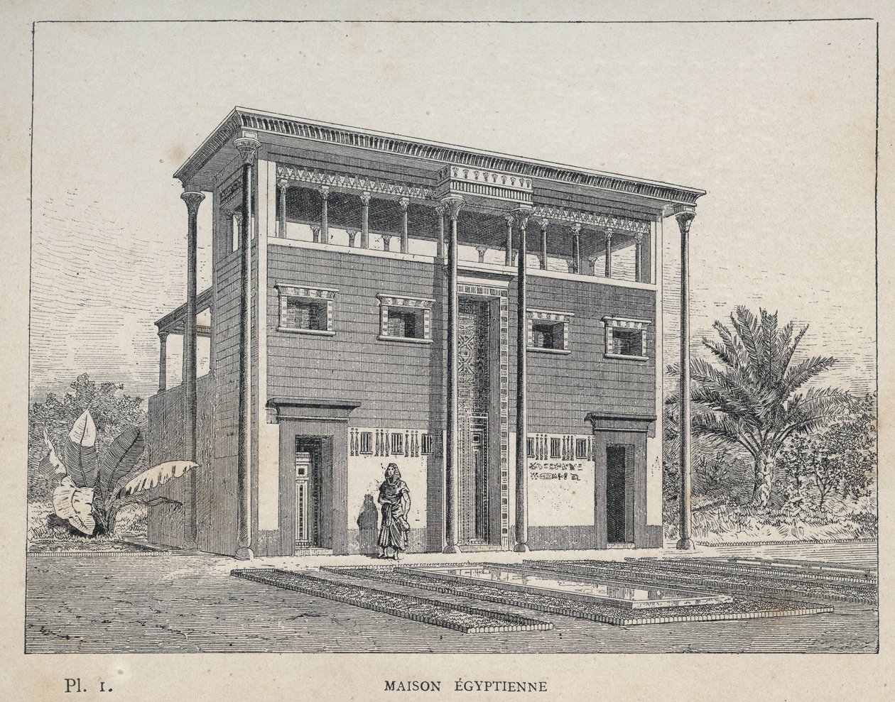 Egyptian House (Egyptian House) - indgravering af 1889 i "History of human habitation at the Universal Exhibition of 1889, by Mr Charles GARNIER - Librairie centrale des beaux-arts Paris 1889 af Unknown artist